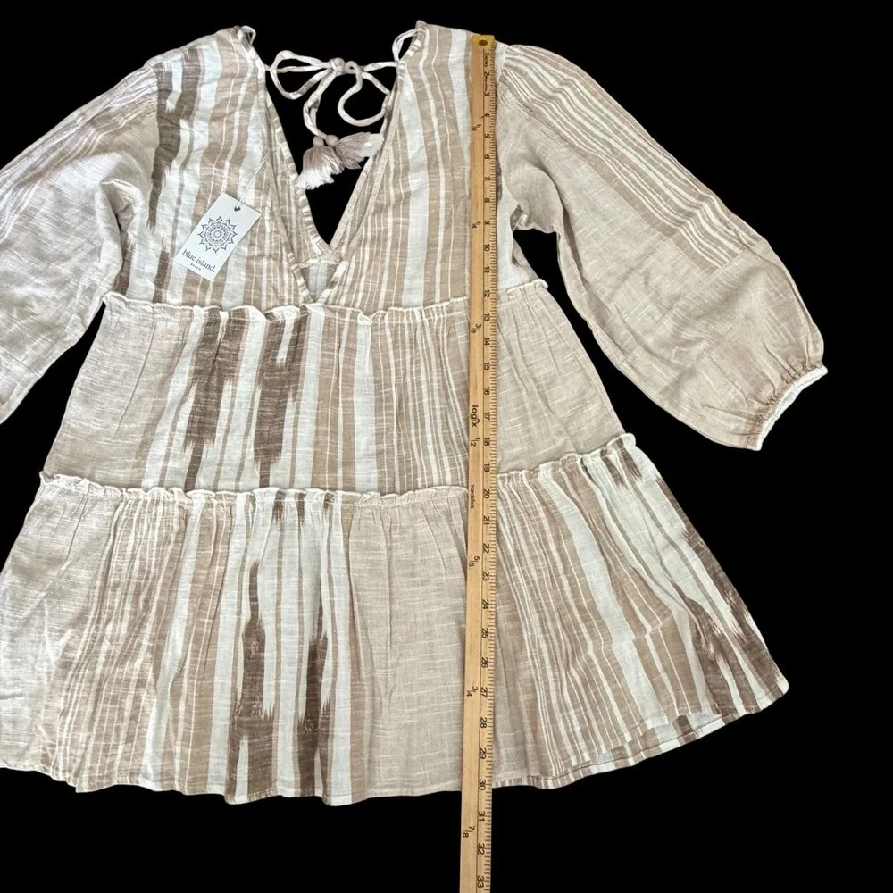 Blue Island Beach Coverup Small Ruffles Tassels Boho Tan Neutral Stripes Resort‎
